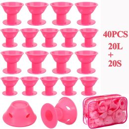 40Pcs Magic Silicone Hair Rollers Overnight Curlers Include 20pcs Large Silicone Curlers 20pcs Small Silicone Curlers - Pink