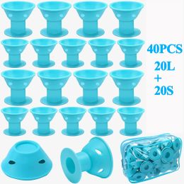 40Pcs Magic Silicone Hair Rollers Overnight Curlers Include 20pcs Large Silicone Curlers 20pcs Small Silicone Curlers - Blue